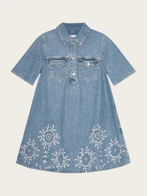 Broderie Anglaise Denim Mini Dress - Light Blue Stone