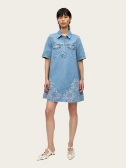 Broderie Anglaise Denim Mini Dress - Light Blue Stone