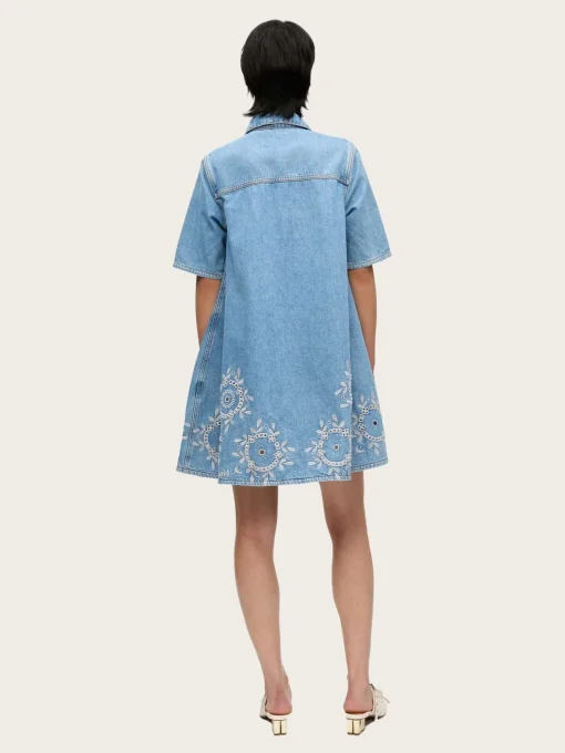Broderie Anglaise Denim Mini Dress - Light Blue Stone