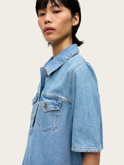 Broderie Anglaise Denim Mini Dress - Light Blue Stone