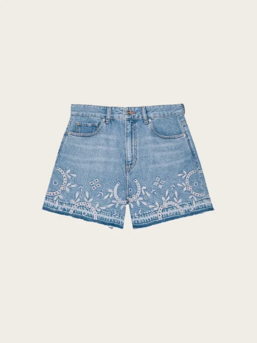 Broderie Anglaise Denim Shorts - Light Blue Stone