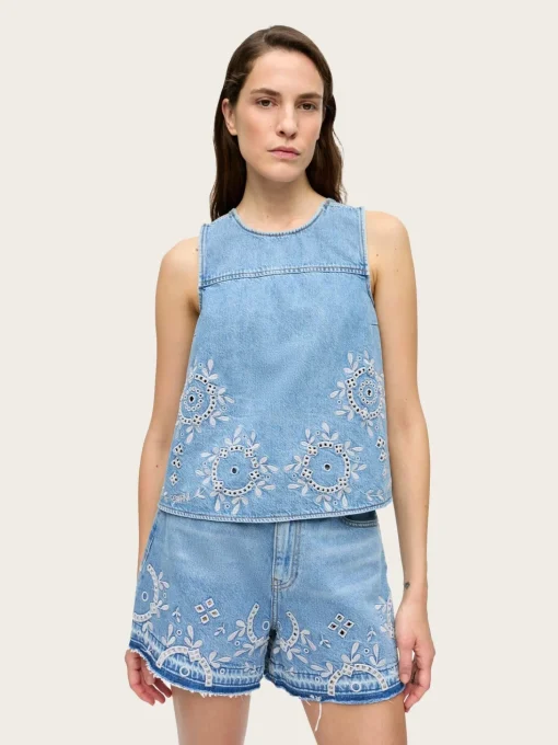 Broderie Anglaise Denim Shorts - Light Blue Stone