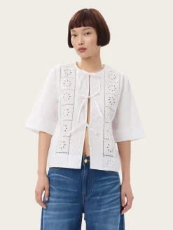 F9655 Broderie Anglaise Tie Blouse - Bright White
