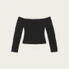 F8268 Cotton Poplin Off-shoulder Smock Blouse - Black