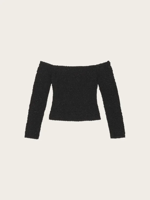 F8268 Cotton Poplin Off-shoulder Smock Blouse - Black