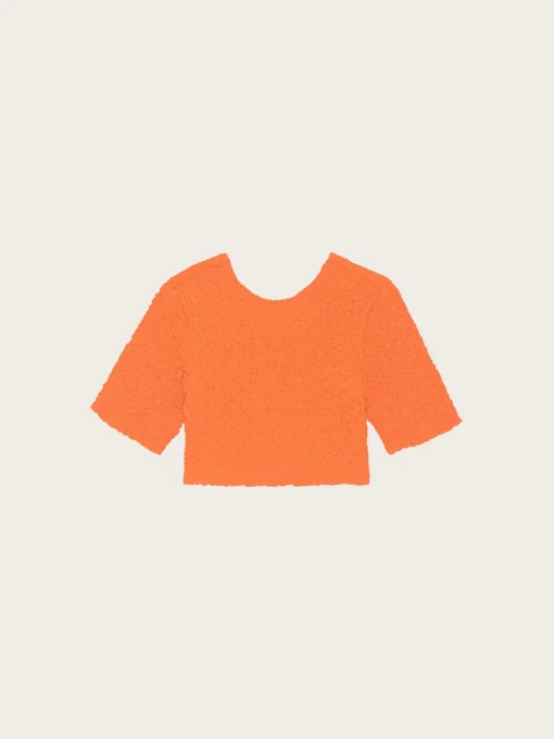 F7708 Cotton Poplin O-Neck Cropped Smock Top - Vibrant Orange