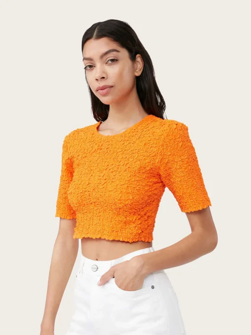 F7708 Cotton Poplin O-Neck Cropped Smock Top - Vibrant Orange