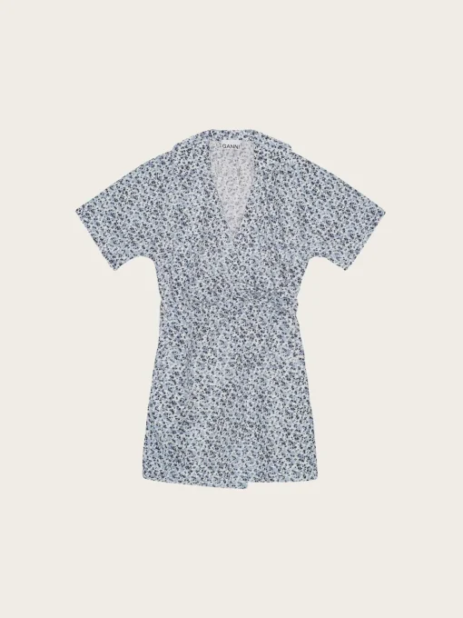 F9651 Printed Cotton Wrap Mini Dress - Glacier Lake