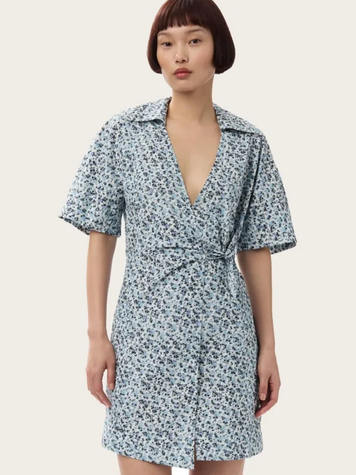 F9651 Printed Cotton Wrap Mini Dress - Glacier Lake