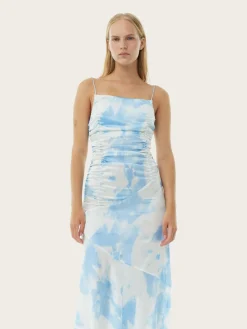 F9151 Printed Satin Ruched Long Slip Dress - Powder Blue