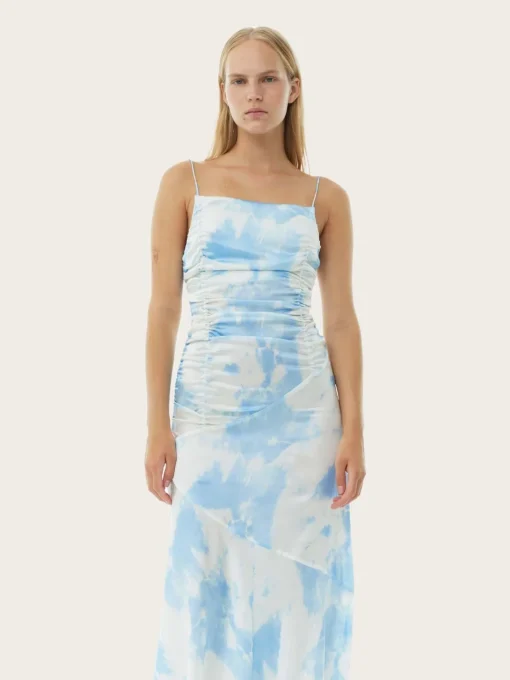 F9151 Printed Satin Ruched Long Slip Dress - Powder Blue