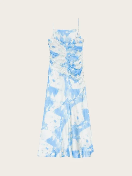 F9151 Printed Satin Ruched Long Slip Dress - Powder Blue