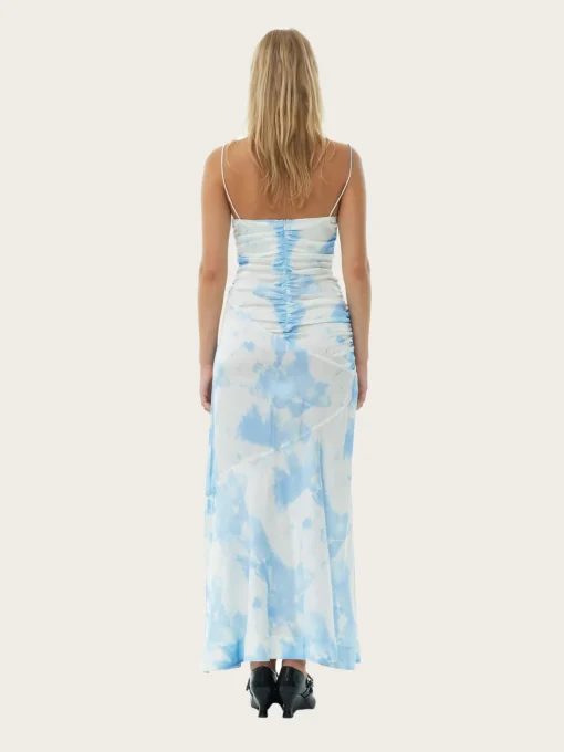 F9151 Printed Satin Ruched Long Slip Dress - Powder Blue