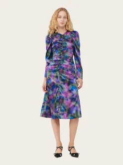 F8250 Silk Stretch Satin O-Neck Midi Dress - Simply Purple