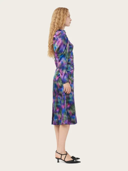 F8250 Silk Stretch Satin O-Neck Midi Dress - Simply Purple