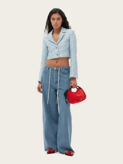 F8204 Stretch Jacquard Cropped Blazer - Sky Blue