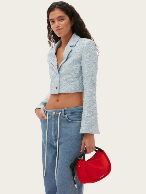 F8204 Stretch Jacquard Cropped Blazer - Sky Blue