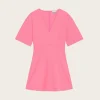 F7829 Stretch Suiting V-neck Mini Dress - Shocking Pink