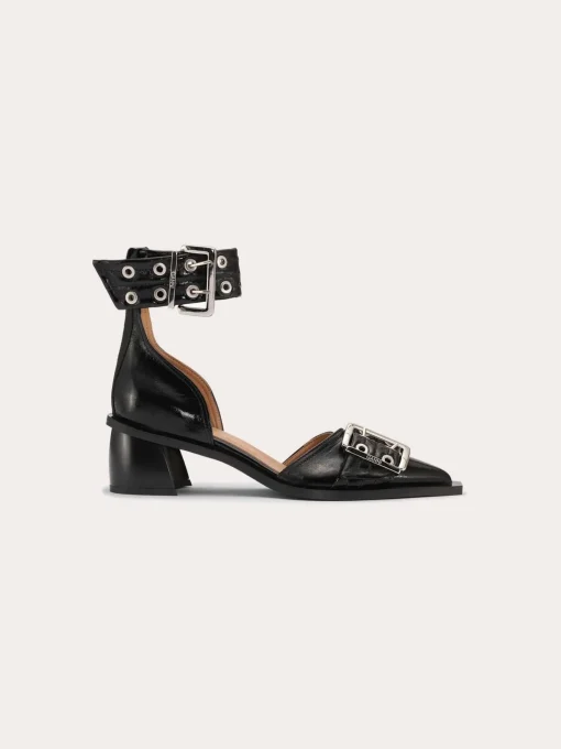 Feminine Buckle Open Cut Pump Naplack - Black