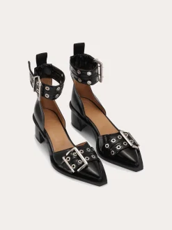 Feminine Buckle Open Cut Pump Naplack - Black