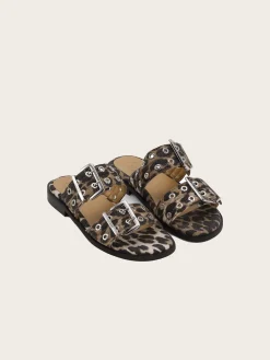 Feminine Buckle Two Strap Sandal Denim Print - Leopard