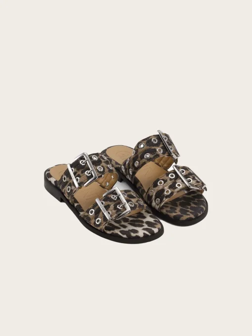 Feminine Buckle Two Strap Sandal Denim Print - Leopard