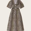 Printed Cotton Tie Strap Midi Dress - Leopard