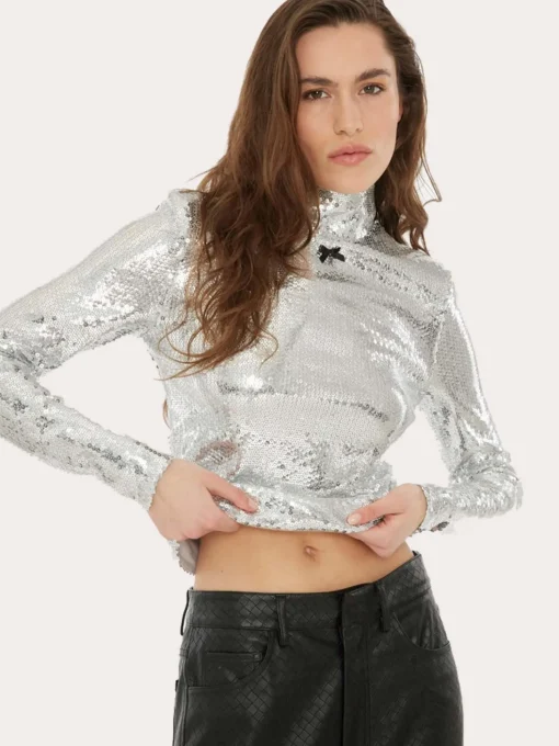 Sequin High Collar Top - Silver
