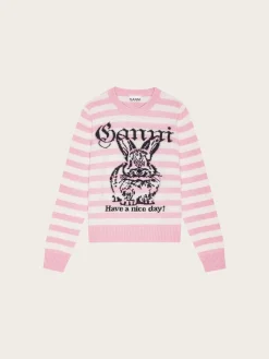 Striped Graphic Wool Mix Bunny Crew Neck - Primerose pink