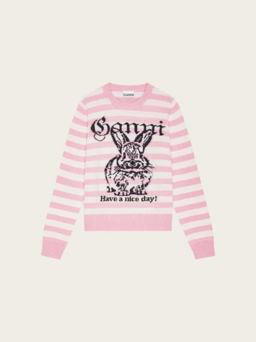 Striped Graphic Wool Mix Bunny Crew Neck - Primerose pink