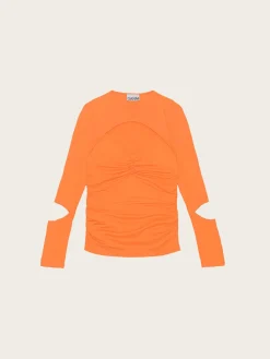 T3473 Light Stretch Jersey Cutout Blouse - Vibrant Orange