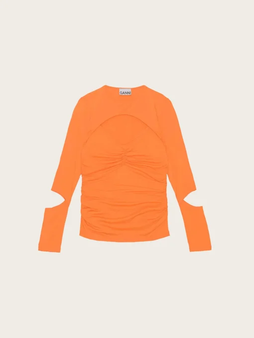 T3473 Light Stretch Jersey Cutout Blouse - Vibrant Orange