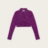 T3475 Printed Mesh Cropped Ruched Shirt - Sparkling Grape