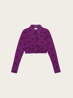 T3475 Printed Mesh Cropped Ruched Shirt - Sparkling Grape