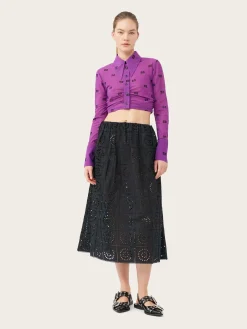 T3475 Printed Mesh Cropped Ruched Shirt - Sparkling Grape